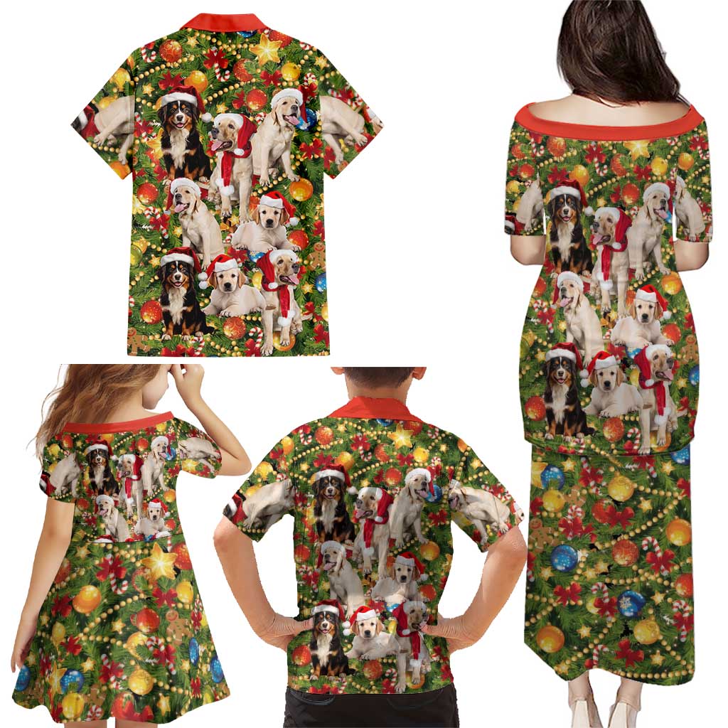 Christmas Dogs Family Matching Puletasi and Hawaiian Shirt with Santa Hats and Festive Ornament Pattern - Wonder Print Shop