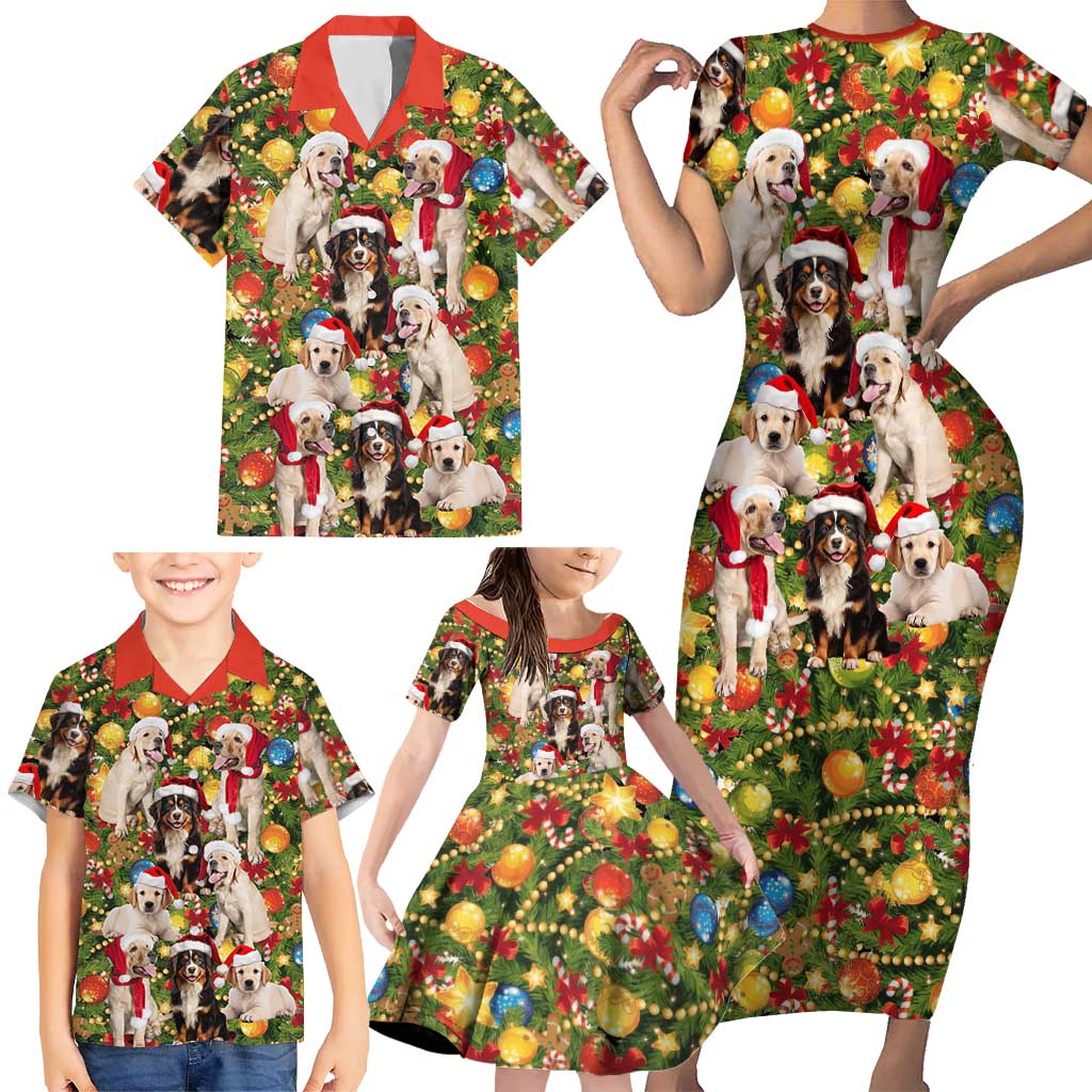 Christmas Dogs Family Matching Short Sleeve Bodycon Dress and Hawaiian Shirt with Santa Hats and Festive Ornament Pattern - Wonder Print Shop