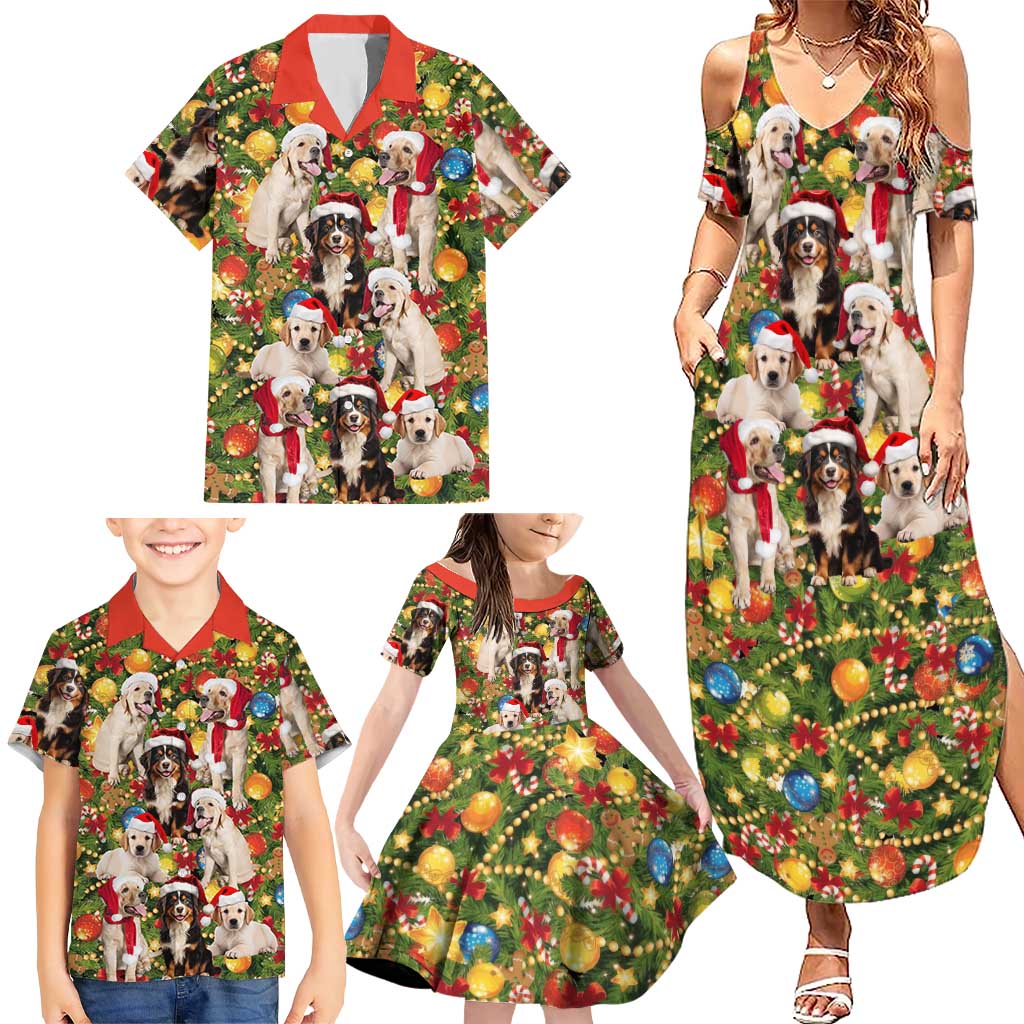Christmas Dogs Family Matching Summer Maxi Dress and Hawaiian Shirt with Santa Hats and Festive Ornament Pattern - Wonder Print Shop