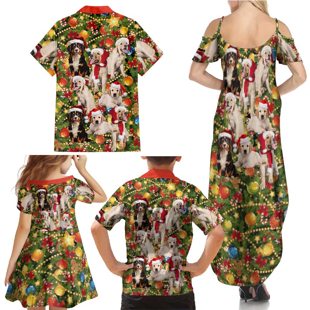 Christmas Dogs Family Matching Summer Maxi Dress and Hawaiian Shirt with Santa Hats and Festive Ornament Pattern - Wonder Print Shop