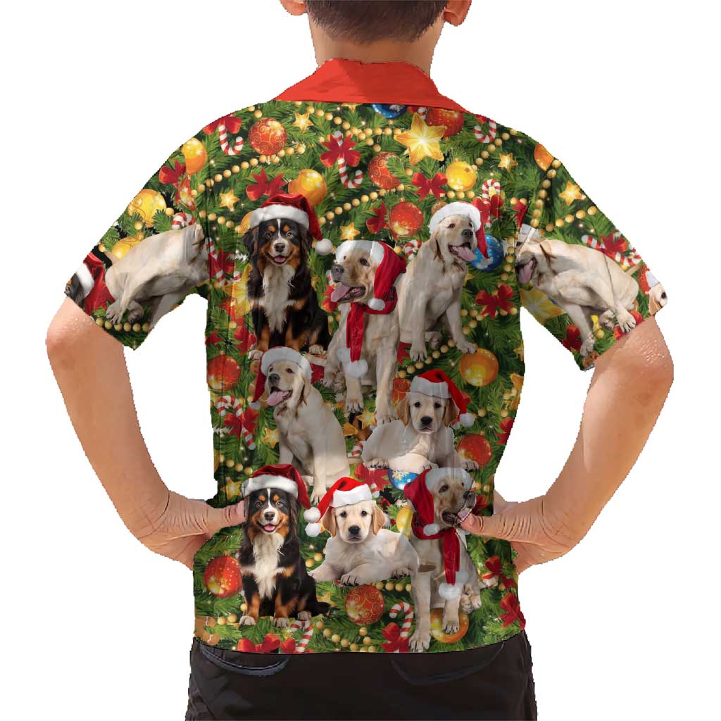 Christmas Dogs Family Matching Tank Maxi Dress and Hawaiian Shirt with Santa Hats and Festive Ornament Pattern - undefined