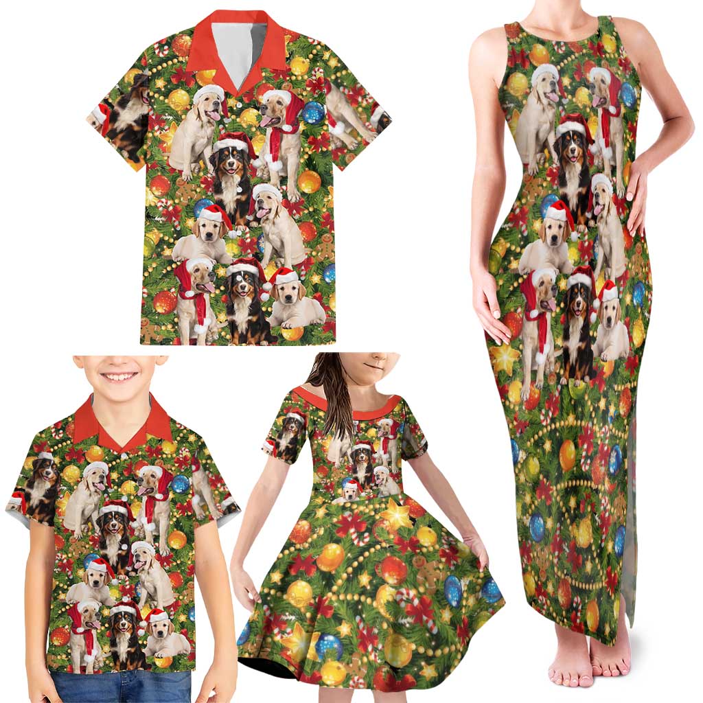 Christmas Dogs Family Matching Tank Maxi Dress and Hawaiian Shirt with Santa Hats and Festive Ornament Pattern - undefined