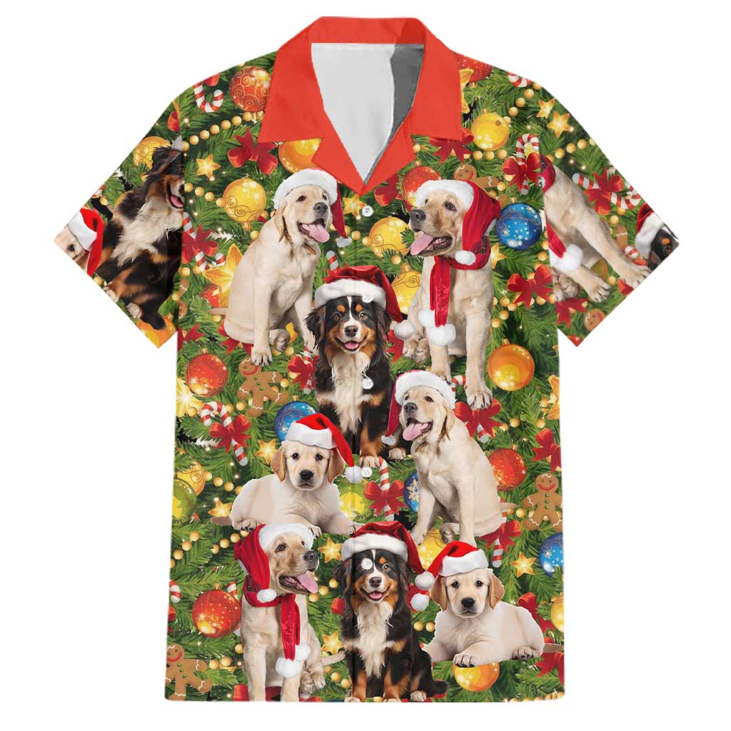 Christmas Dogs Family Matching Tank Maxi Dress and Hawaiian Shirt with Santa Hats and Festive Ornament Pattern - undefined
