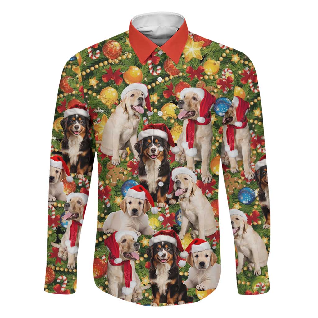 Christmas Dogs Family Matching Tank Maxi Dress and Hawaiian Shirt with Santa Hats and Festive Ornament Pattern - undefined