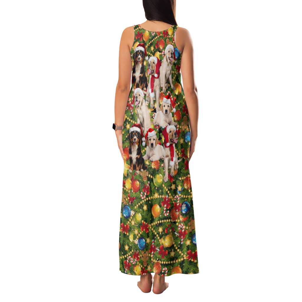 Christmas Dogs Family Matching Tank Maxi Dress and Hawaiian Shirt with Santa Hats and Festive Ornament Pattern - undefined