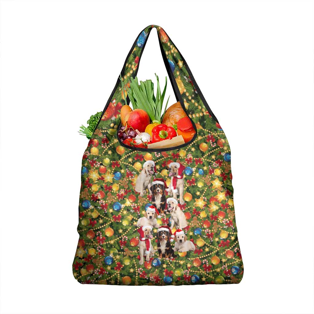 Christmas Dogs Grocery Bag with Santa Hats and Festive Ornament Pattern - Wonder Print Shop