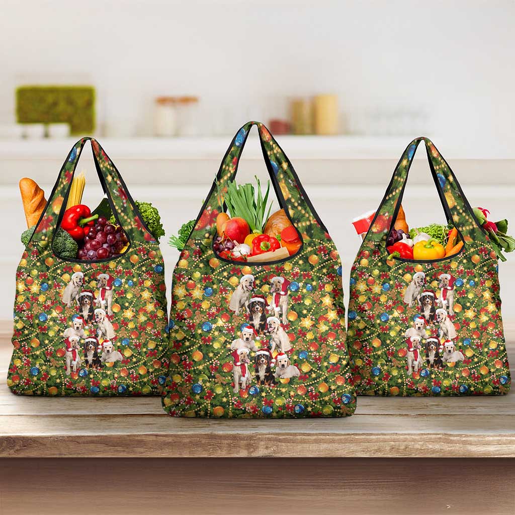 Christmas Dogs Grocery Bag with Santa Hats and Festive Ornament Pattern - Wonder Print Shop