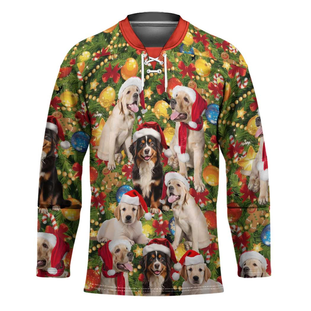 Christmas Dogs Hockey Jersey with Santa Hats and Festive Ornament Pattern - Wonder Print Shop