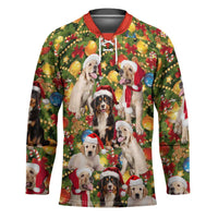 Christmas Dogs Hockey Jersey with Santa Hats and Festive Ornament Pattern - Wonder Print Shop