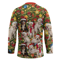 Christmas Dogs Hockey Jersey with Santa Hats and Festive Ornament Pattern - Wonder Print Shop