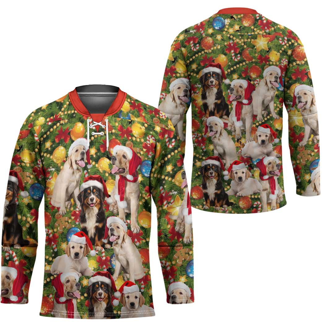 Christmas Dogs Hockey Jersey with Santa Hats and Festive Ornament Pattern - Wonder Print Shop