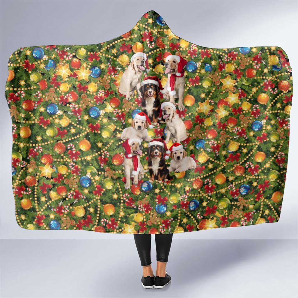 Christmas Dogs Hooded Blanket with Santa Hats and Festive Ornament Pattern - Wonder Print Shop
