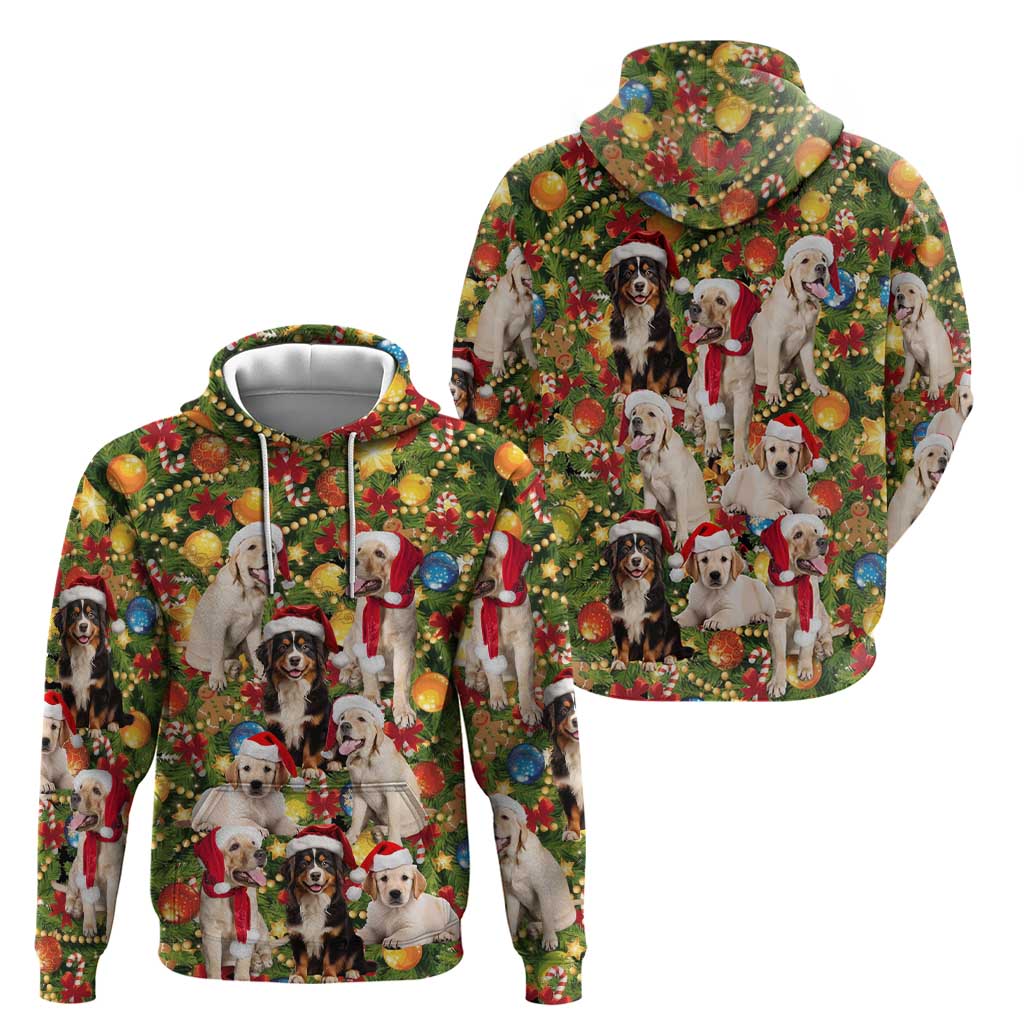 Christmas Dogs Hoodie with Santa Hats and Festive Ornament Pattern - Wonder Print Shop