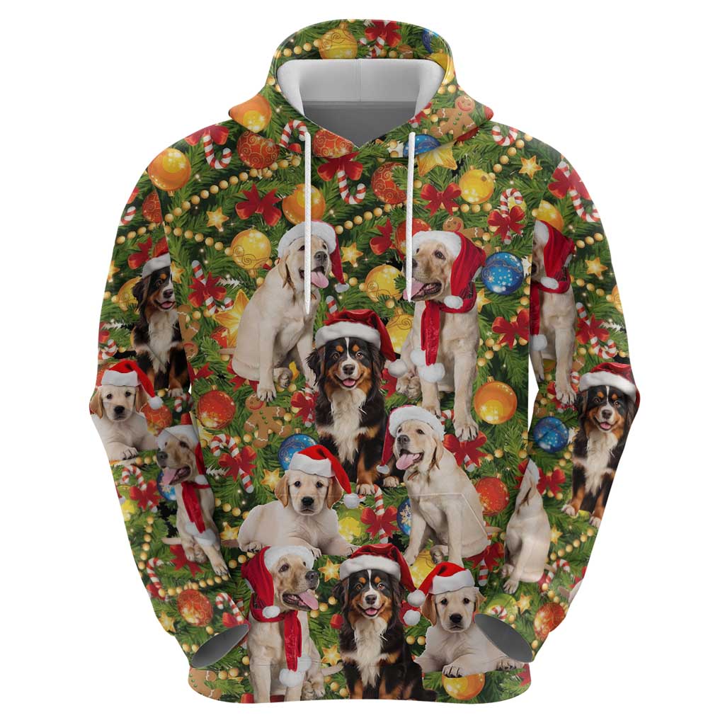 Christmas Dogs Hoodie with Santa Hats and Festive Ornament Pattern - Wonder Print Shop