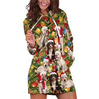 Christmas Dogs Hoodie Dress with Santa Hats and Festive Ornament Pattern - Wonder Print Shop