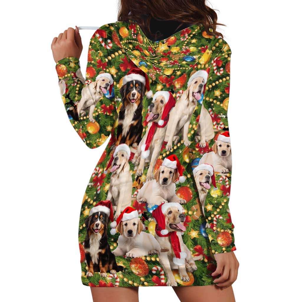 Christmas Dogs Hoodie Dress with Santa Hats and Festive Ornament Pattern - Wonder Print Shop