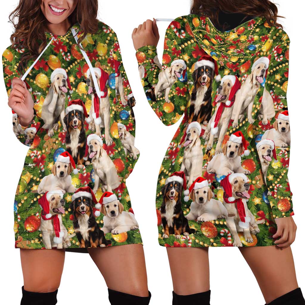 Christmas Dogs Hoodie Dress with Santa Hats and Festive Ornament Pattern - Wonder Print Shop