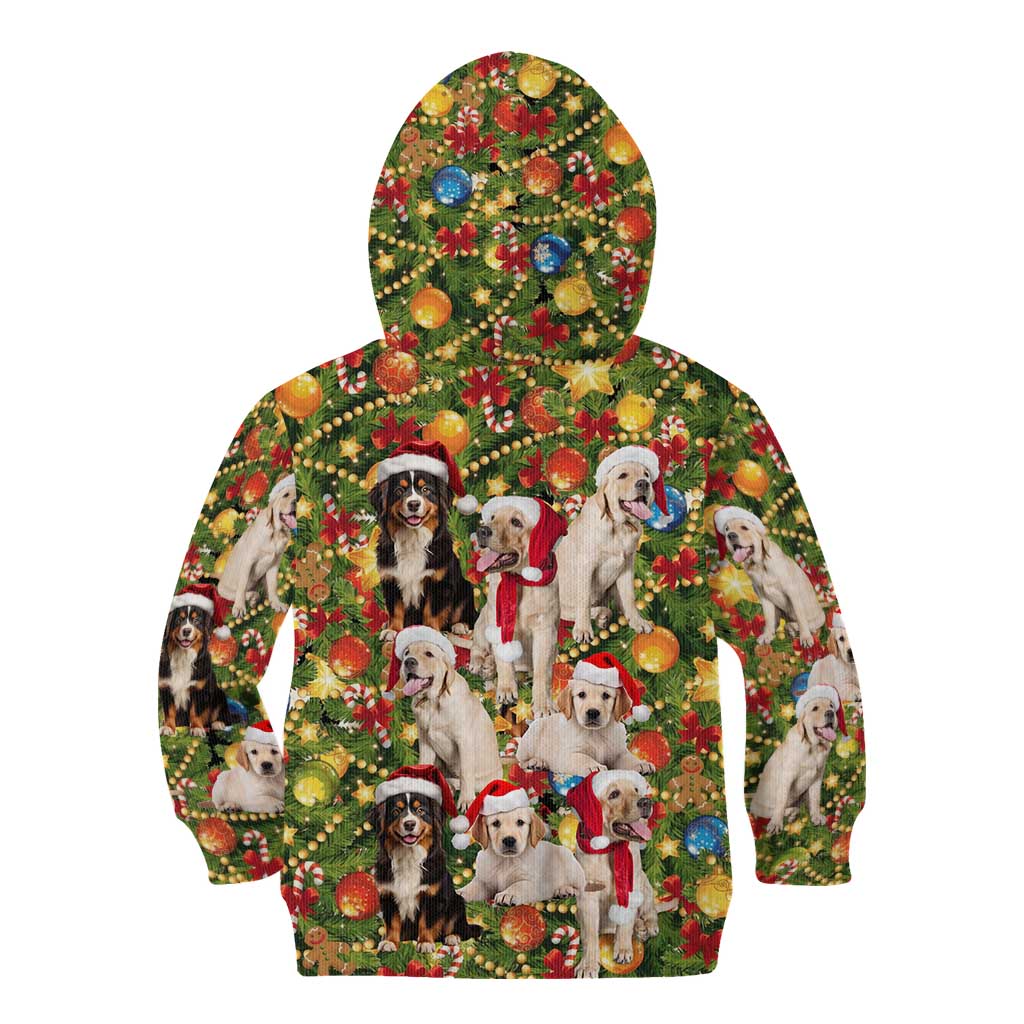 Christmas Dogs Kid Hoodie with Santa Hats and Festive Ornament Pattern - Wonder Print Shop