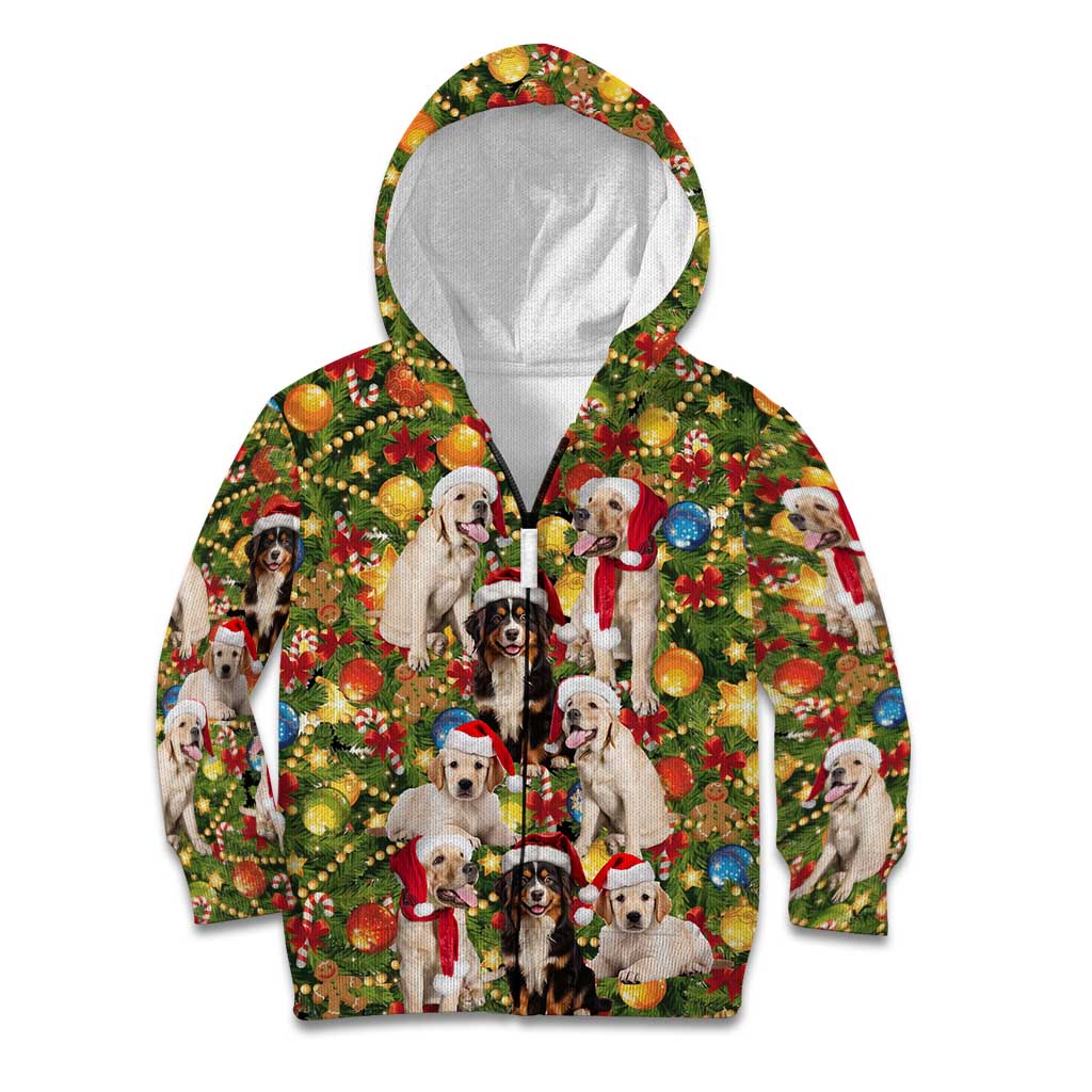 Christmas Dogs Kid Hoodie with Santa Hats and Festive Ornament Pattern - Wonder Print Shop