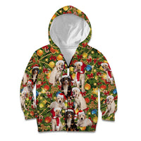 Christmas Dogs Kid Hoodie with Santa Hats and Festive Ornament Pattern - Wonder Print Shop