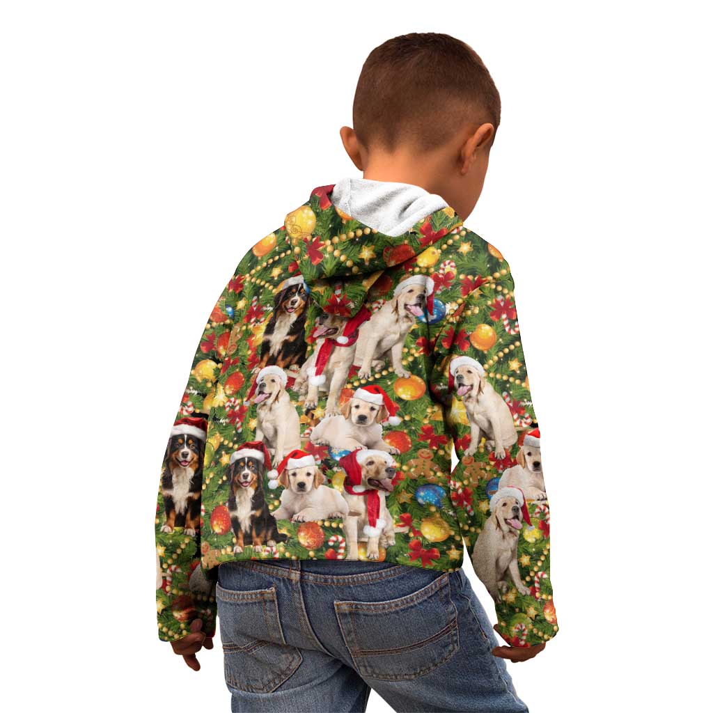 Christmas Dogs Kid Hoodie with Santa Hats and Festive Ornament Pattern - Wonder Print Shop