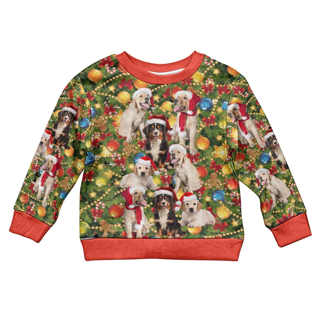 Christmas Dogs Kid Ugly Christmas Sweater with Santa Hats and Festive Ornament Pattern - Wonder Print Shop