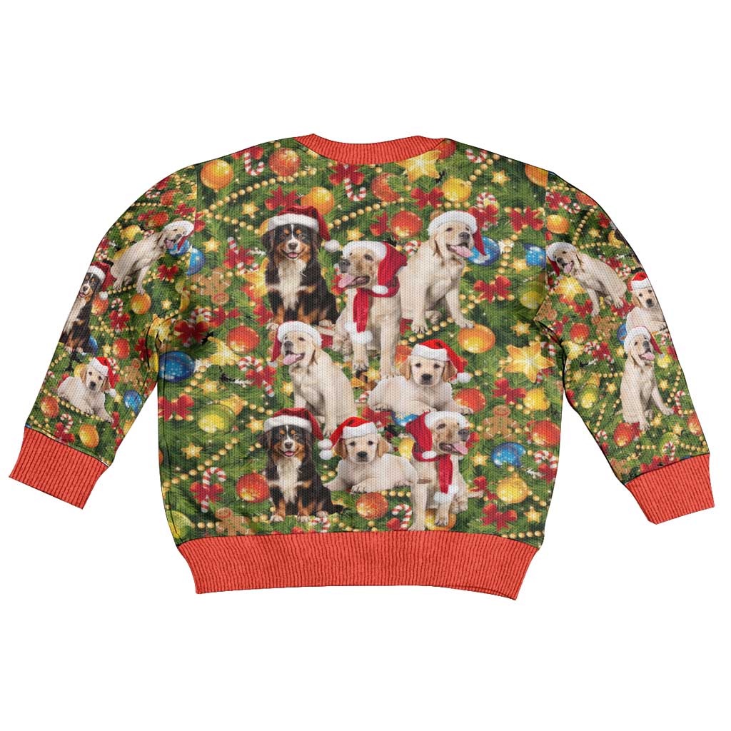 Christmas Dogs Kid Ugly Christmas Sweater with Santa Hats and Festive Ornament Pattern - Wonder Print Shop