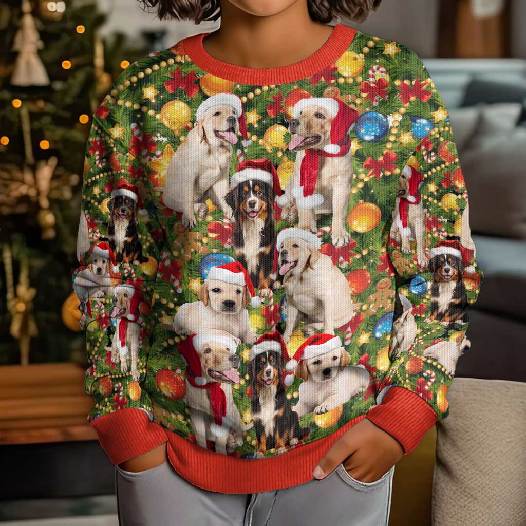 Christmas Dogs Kid Ugly Christmas Sweater with Santa Hats and Festive Ornament Pattern - Wonder Print Shop
