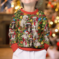 Christmas Dogs Kid Ugly Christmas Sweater with Santa Hats and Festive Ornament Pattern - Wonder Print Shop