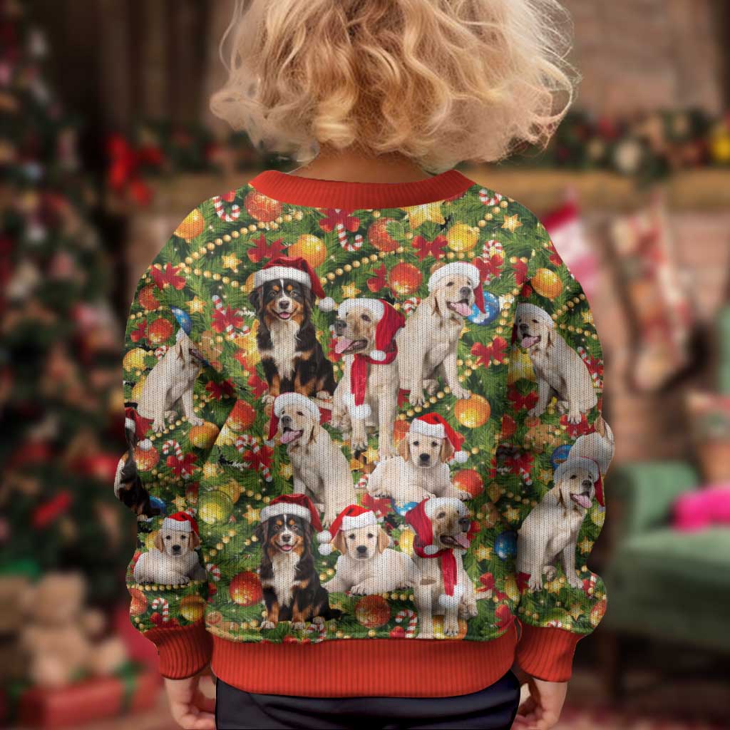 Christmas Dogs Kid Ugly Christmas Sweater with Santa Hats and Festive Ornament Pattern - Wonder Print Shop