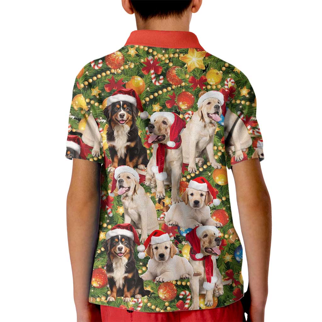 Christmas Dogs Kid Polo Shirt with Santa Hats and Festive Ornament Pattern - Wonder Print Shop