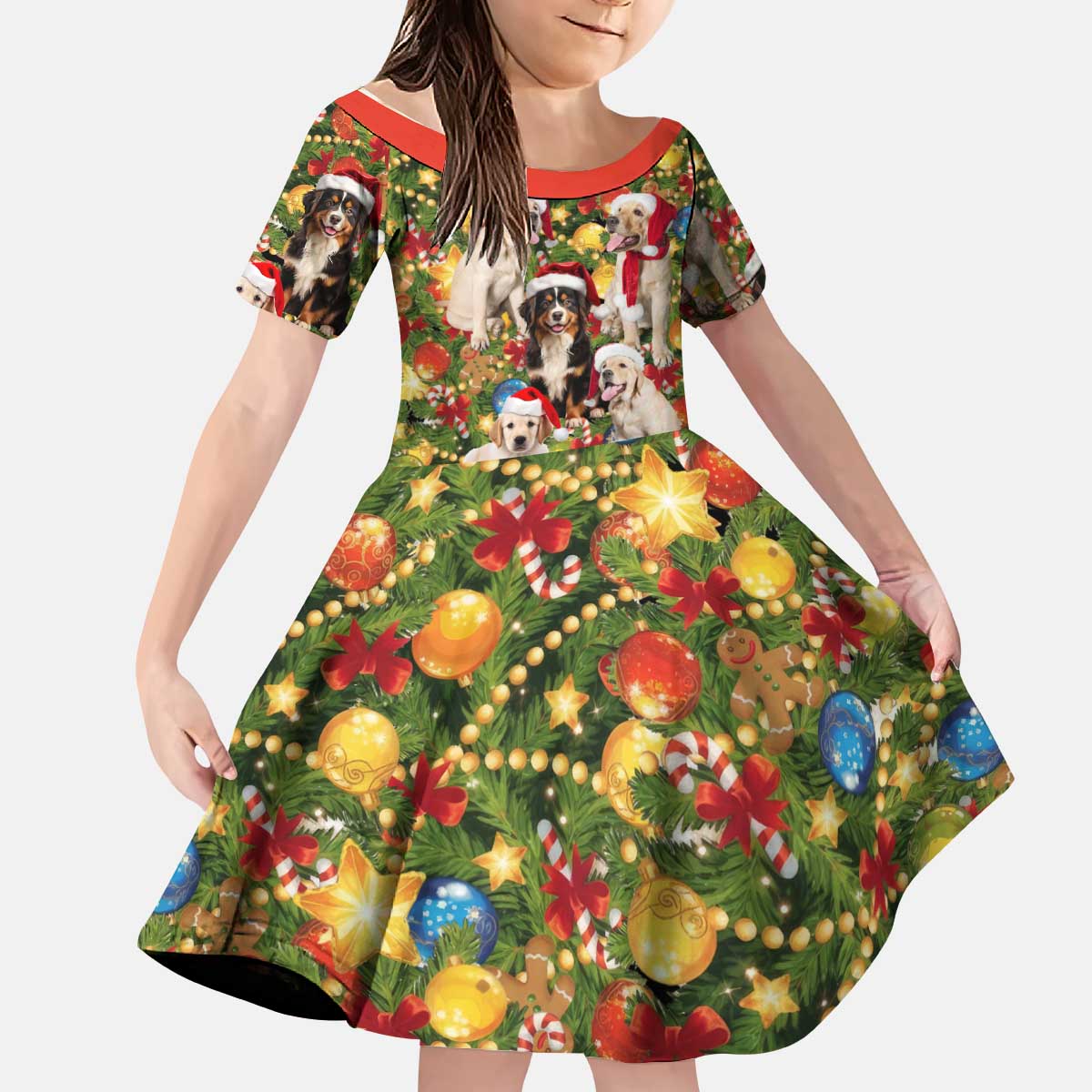 Christmas Dogs Kid Short Sleeve Dress with Santa Hats and Festive Ornament Pattern - Wonder Print Shop
