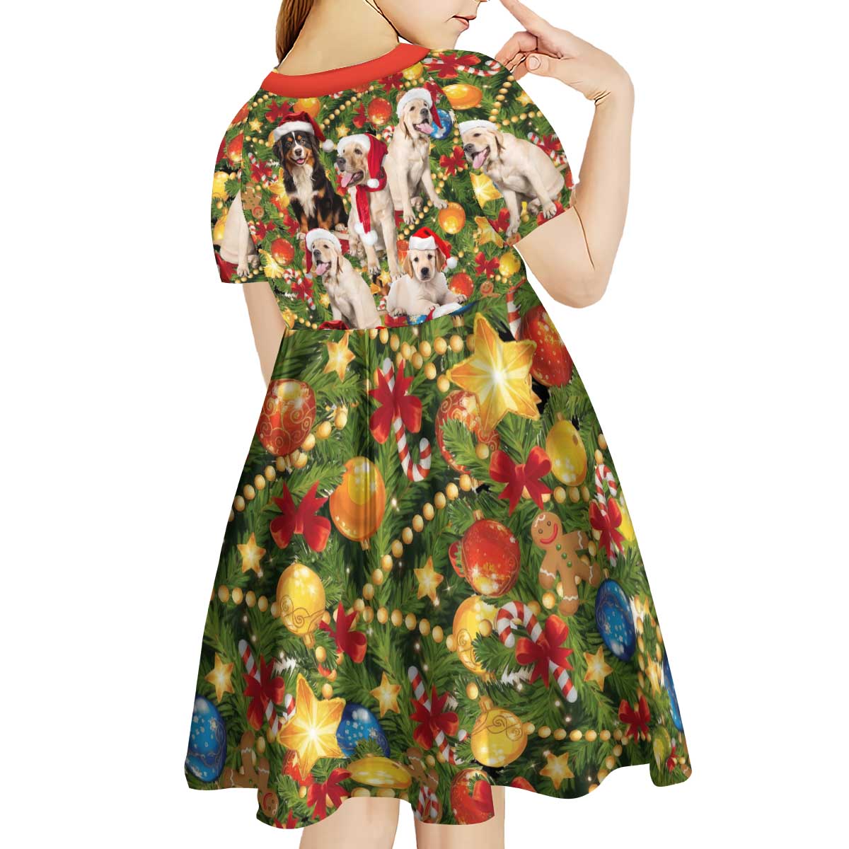 Christmas Dogs Kid Short Sleeve Dress with Santa Hats and Festive Ornament Pattern - Wonder Print Shop