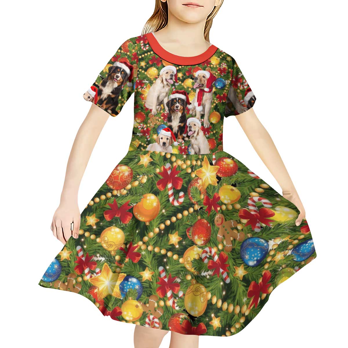 Christmas Dogs Kid Short Sleeve Dress with Santa Hats and Festive Ornament Pattern - Wonder Print Shop