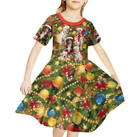 Christmas Dogs Kid Short Sleeve Dress with Santa Hats and Festive Ornament Pattern - Wonder Print Shop