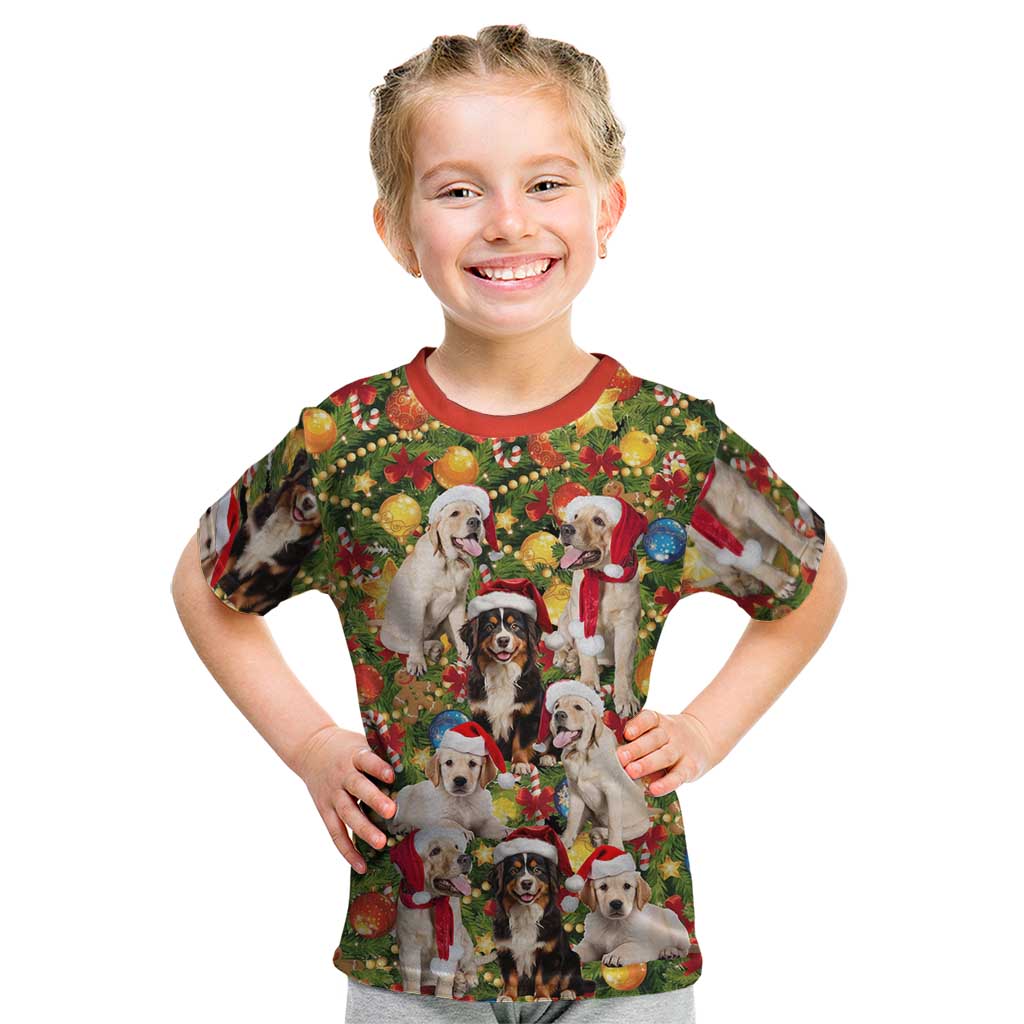 Christmas Dogs Kid T Shirt with Santa Hats and Festive Ornament Pattern - Wonder Print Shop