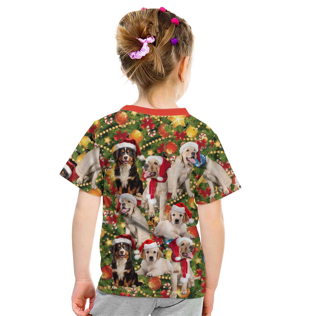 Christmas Dogs Kid T Shirt with Santa Hats and Festive Ornament Pattern - Wonder Print Shop