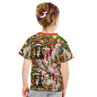 Christmas Dogs Kid T Shirt with Santa Hats and Festive Ornament Pattern - Wonder Print Shop