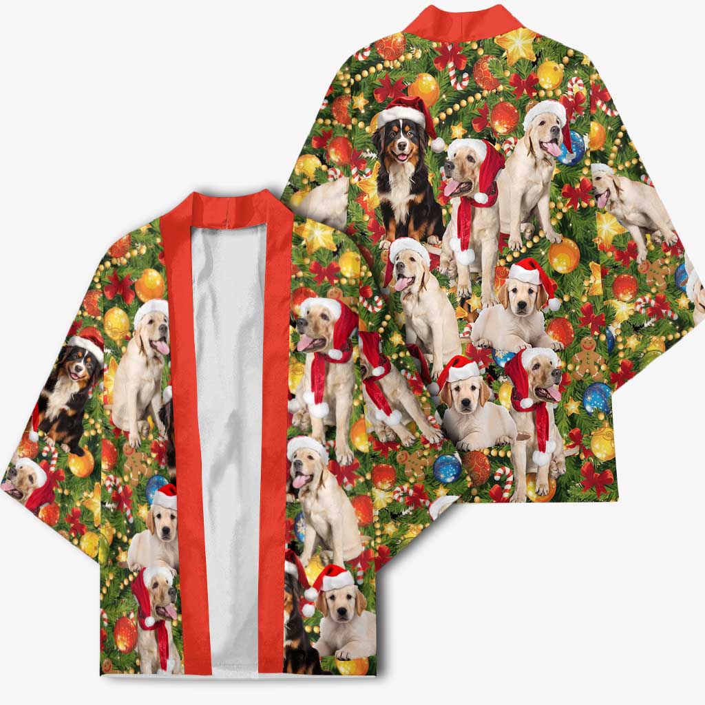 Christmas Dogs Kimono with Santa Hats and Festive Ornament Pattern - Wonder Print Shop
