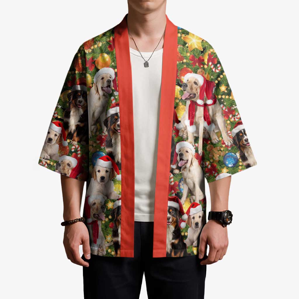 Christmas Dogs Kimono with Santa Hats and Festive Ornament Pattern - Wonder Print Shop