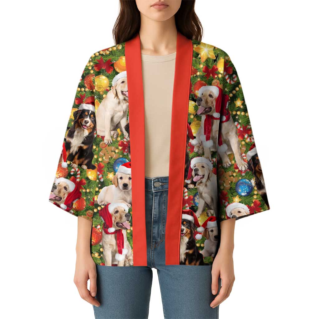 Christmas Dogs Kimono with Santa Hats and Festive Ornament Pattern - Wonder Print Shop