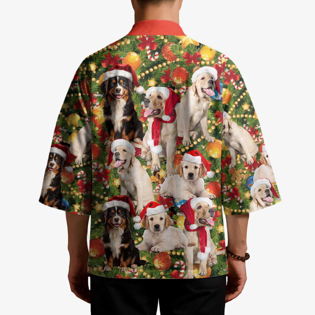 Christmas Dogs Kimono with Santa Hats and Festive Ornament Pattern - Wonder Print Shop