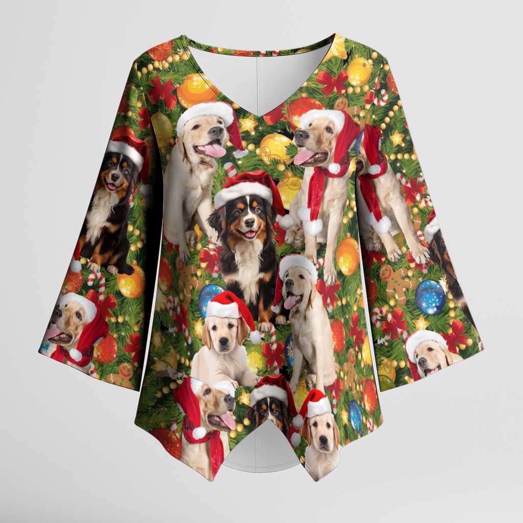 Christmas Dogs Kimono Sleeve Blouse with Santa Hats and Festive Ornament Pattern - Wonder Print Shop