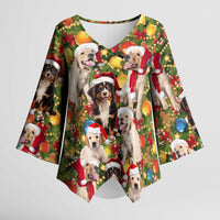 Christmas Dogs Kimono Sleeve Blouse with Santa Hats and Festive Ornament Pattern - Wonder Print Shop