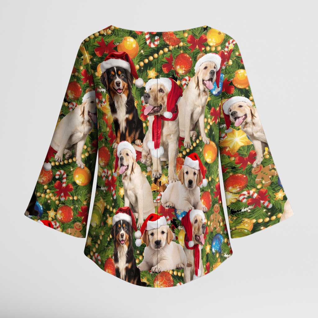 Christmas Dogs Kimono Sleeve Blouse with Santa Hats and Festive Ornament Pattern - Wonder Print Shop
