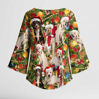 Christmas Dogs Kimono Sleeve Blouse with Santa Hats and Festive Ornament Pattern - Wonder Print Shop