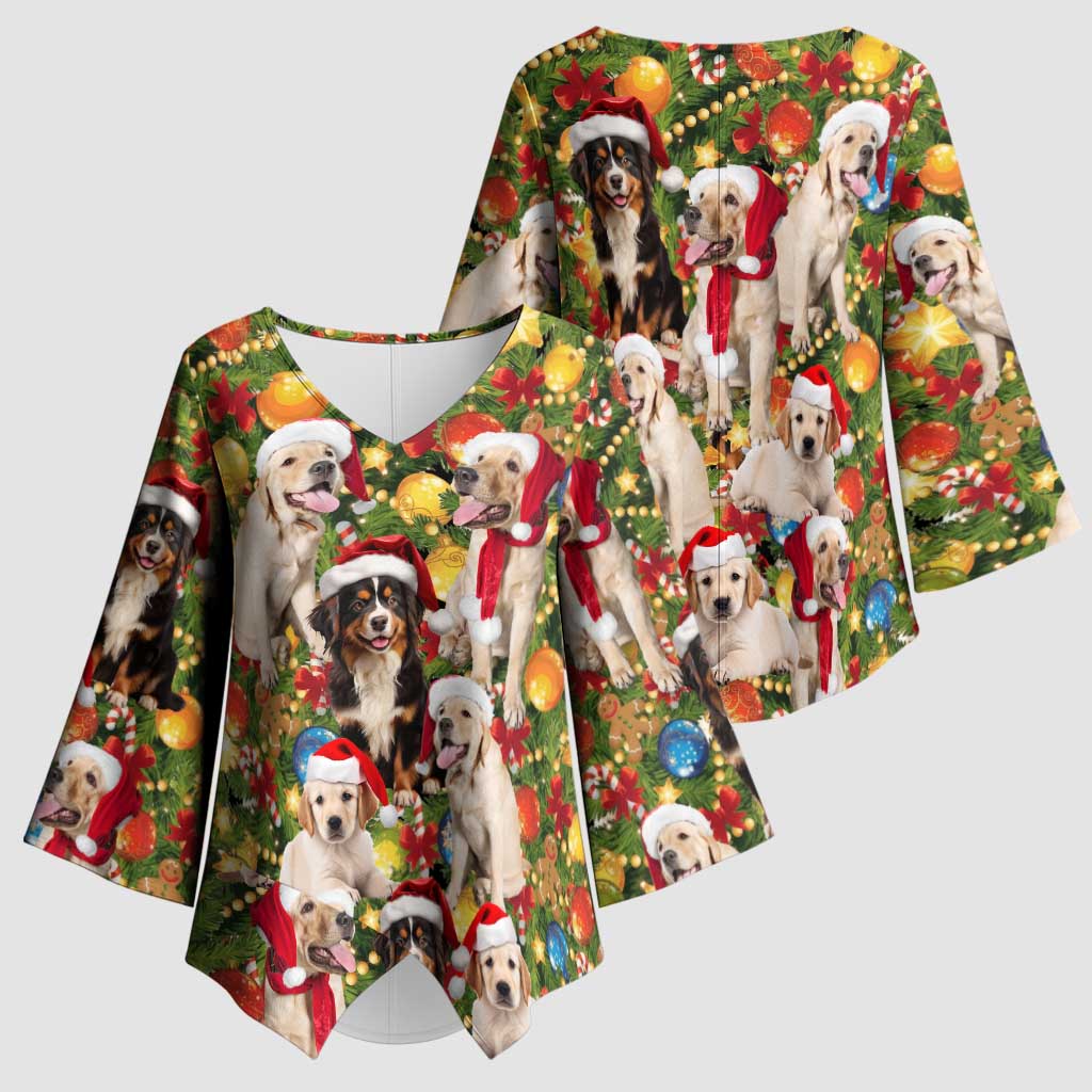 Christmas Dogs Kimono Sleeve Blouse with Santa Hats and Festive Ornament Pattern - Wonder Print Shop