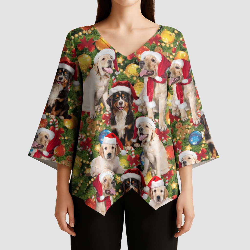 Christmas Dogs Kimono Sleeve Blouse with Santa Hats and Festive Ornament Pattern - Wonder Print Shop