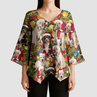 Christmas Dogs Kimono Sleeve Blouse with Santa Hats and Festive Ornament Pattern - Wonder Print Shop