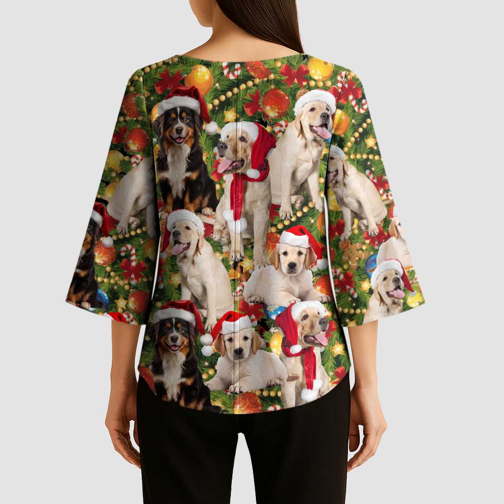 Christmas Dogs Kimono Sleeve Blouse with Santa Hats and Festive Ornament Pattern - Wonder Print Shop
